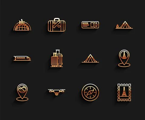 Set line Map pointer with mountain, Drone flying action video camera, Globe Stock Illustration