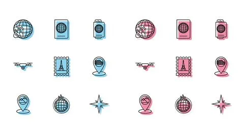 Set line Map pointer with mountain, Globe flying plane, Wind rose, Postal stamp Stock Illustration