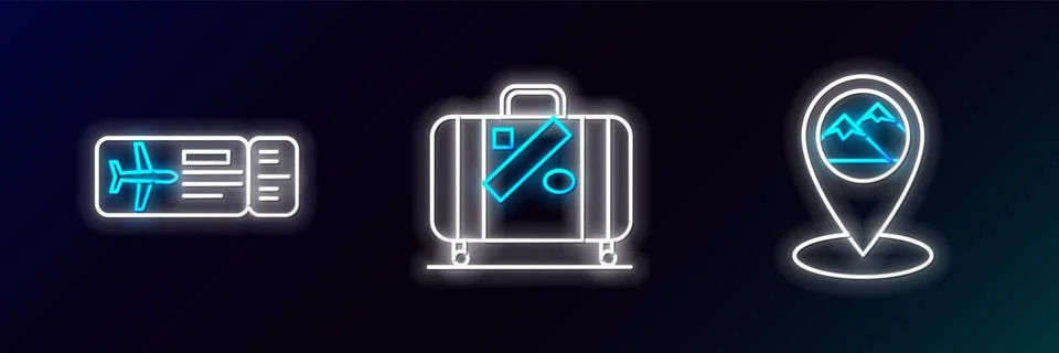 Set line Map pointer with mountain, Airline ticket and Suitcase for travel and イラスト素材
