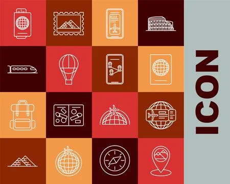 Set line Map pointer with mountain, Airline ticket, Passport biometric data.. Illustrazione stock