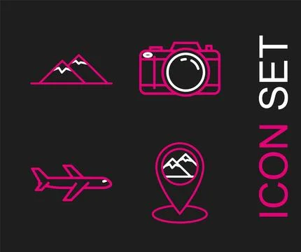 Set line Map pointer with mountain, Plane, Photo camera and Mountains icon... Stock Illustration