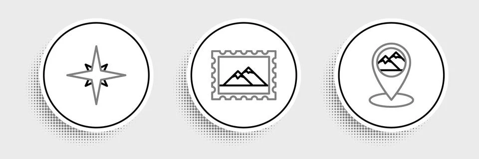 Set line Map pointer with mountain, Wind rose and Postal stamp and Mountain.. イラスト素材