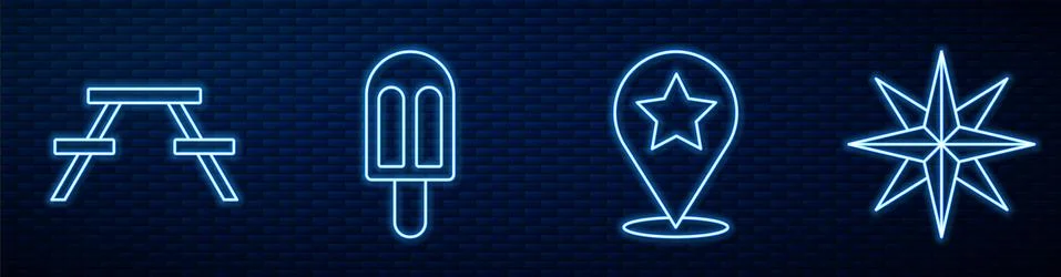 Set line Map pointer with star, Picnic table with benches, Ice cream and Wind Stock Illustration