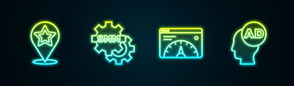Set line Map pointer with star, Social media marketing, Website statistic and Stock Illustration