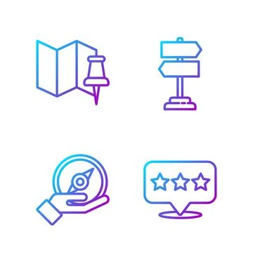 Set line Map pointer with star, Compass, Folded map with push pin and Road Stock Illustration