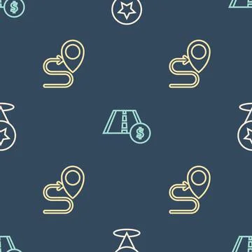 Set line Map pointer with star, Route location and Toll road traffic sign on Illustrazione stock