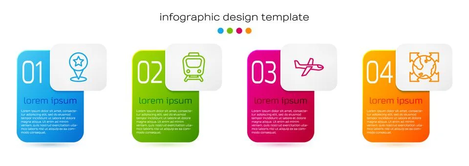 Set line Map pointer with star, Train, Plane and World globe compass. Business Stock Illustration