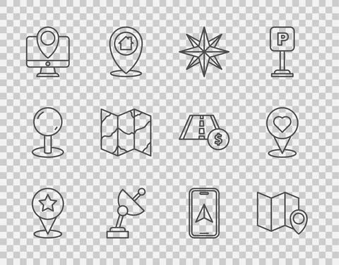 Set line Map pointer with star, Folded map location marker, Wind rose, Radar Stock Illustration
