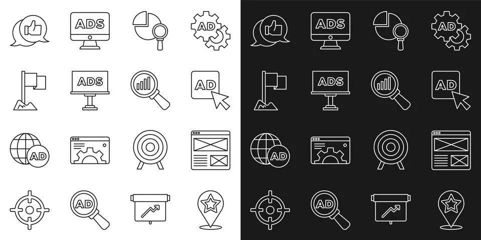 Set line Map pointer with star, Browser window, Advertising, Magnifying glass Stock Illustration