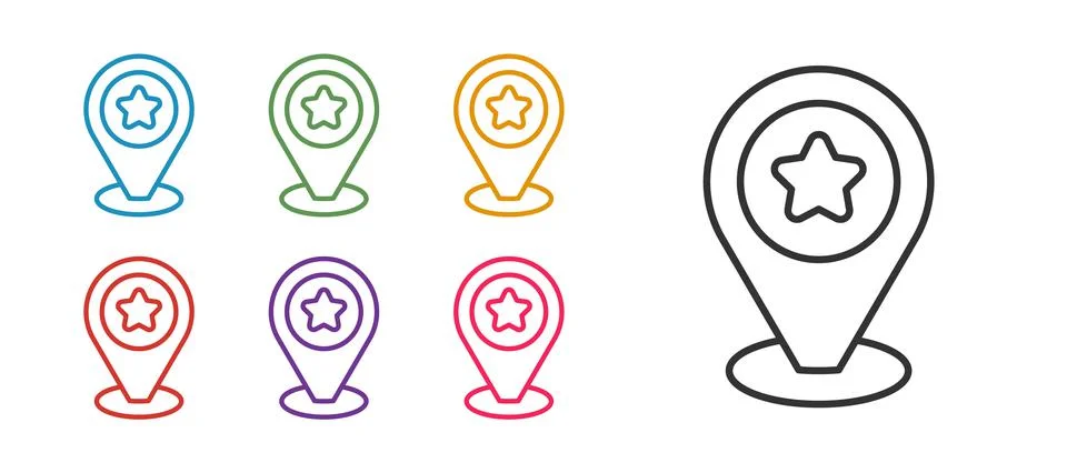 Set line Map pointer with star icon isolated on white background. Star favorite Illustrazione stock