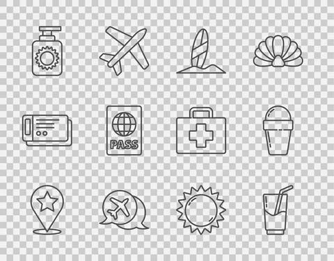 Set line Map pointer with star, Cocktail and alcohol drink, Surfboard, Speech Stockillustratie