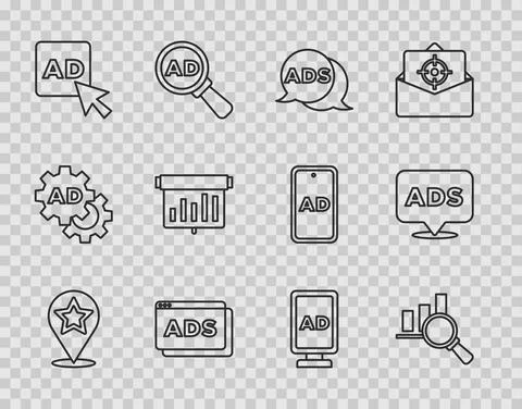 Set line Map pointer with star, Magnifying glass and analysis, Advertising Stock Illustration