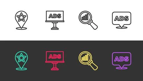 Set line Map pointer with star, Advertising, Magnifying glass and analysis and Stock Illustration