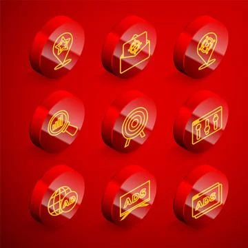 Set line Map pointer with star, Mail and e-mail, Target sport, Magnifying glass Illustrazione stock