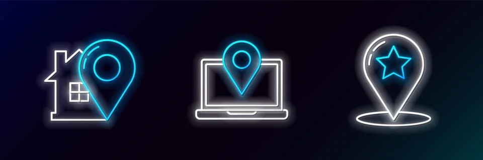 Set line Map pointer with star, house and Laptop location marker icon. Glowing Illustrazione stock