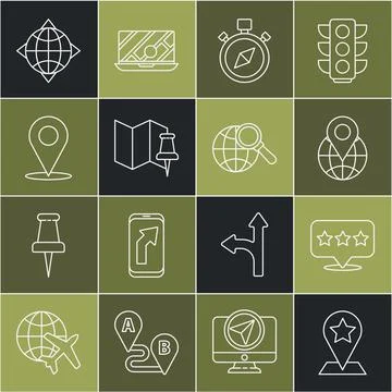 Set line Map pointer with star, Location on the globe, Compass, Folded map push Stock Illustration