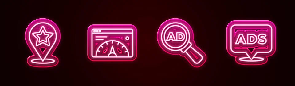 Set line Map pointer with star, Website statistic, Advertising and . Glowing Stock Illustration