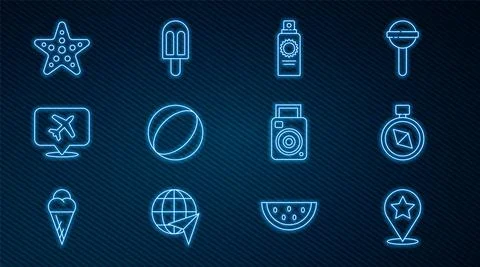 Set line Map pointer with star, Compass, Sunscreen spray bottle, Beach ball Stock Illustration