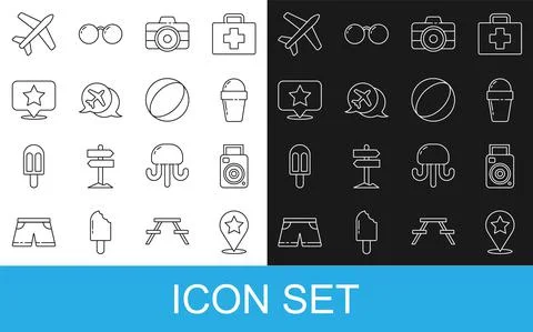 Set line Map pointer with star, Photo camera, Ice cream waffle cone, Speech Stock Illustration