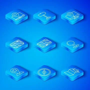 Set line Map pointer with star, City map navigation, Compass, Push pin, Monitor Stock Illustration