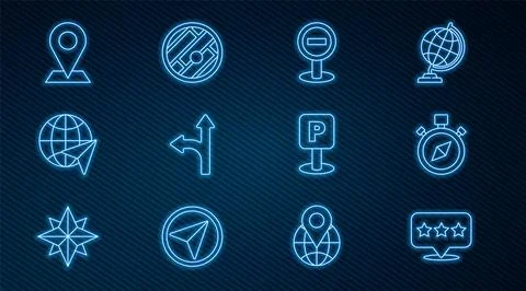 Set line Map pointer with star, Compass, Stop sign, Road traffic, Globe flying Stock Illustration