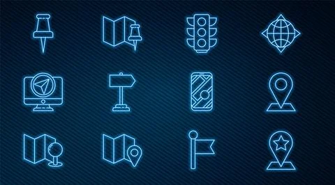 Set line Map pointer with star, Location, Traffic light, Road traffic sign, M Stock Illustration