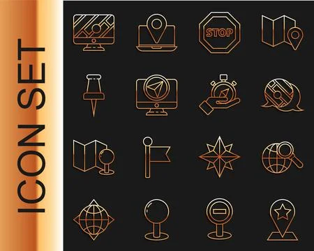 Set line Map pointer with star, Magnifying glass globe, Infographic of city m イラスト素材