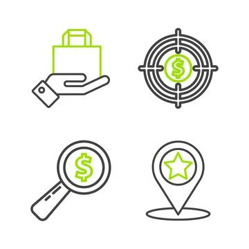 Set line Map pointer with star Magnifying glass and dollar Target and Hand pa Stock Illustration