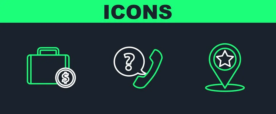 Set line Map pointer with star, Briefcase and money and Telephone handset spe Stockillustratie