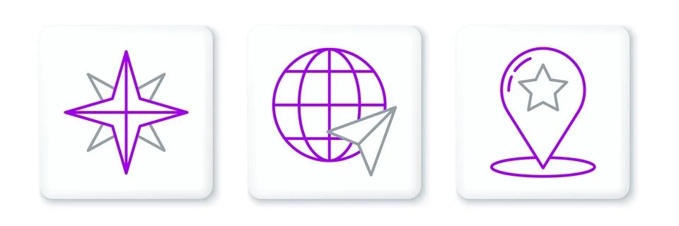 Set line Map pointer with star, Wind rose and Location on the globe icon. Vector Stock Illustration