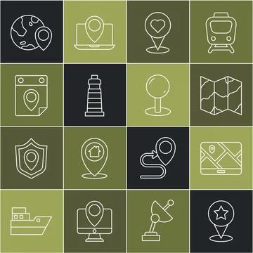 Set line Map pointer with star, City map navigation, Folded, Location heart 스톡 일러스트