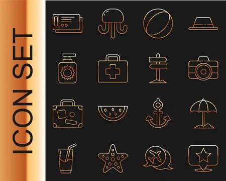 Set line Map pointer with star, Sun protective umbrella for beach, Photo camera Stock Illustration