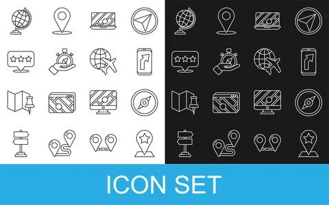 Set line Map pointer with star, Compass, City map navigation, Earth globe and Stock Illustration