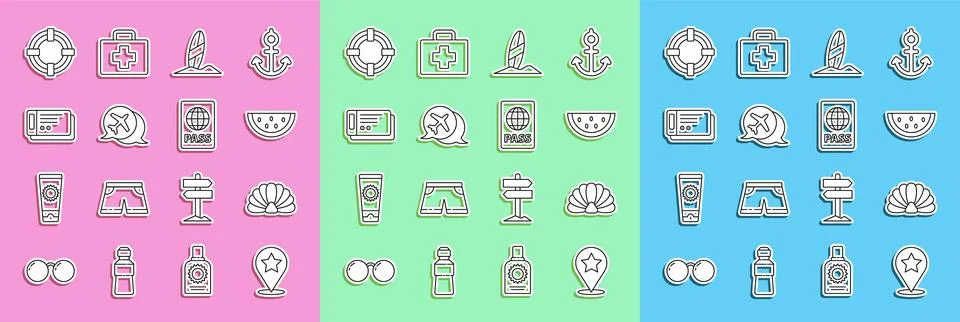 Set line Map pointer with star, Scallop sea shell, Watermelon, Surfboard, Speech イラスト素材