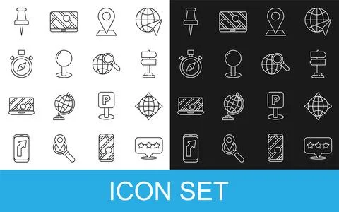 Set line Map pointer with star, World globe compass, Road traffic sign, Location Stock Illustration