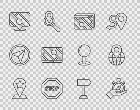 Set line Map pointer with star, Compass, Infographic of city map navigation.. Illustrazione stock