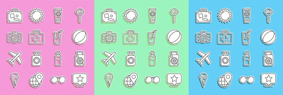 Set line Map pointer with star Photo camera Beach ball Sunscreen cream tube F Stock Illustration