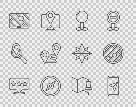 Set line Map pointer with star, City map navigation, Push pin, Compass, Rou.. Stock Illustration