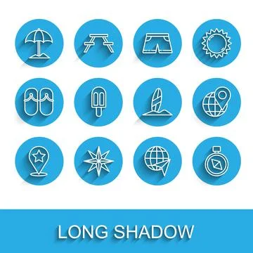 Set line Map pointer with star, Wind rose, Sun protective umbrella for beac.. Stock Illustration