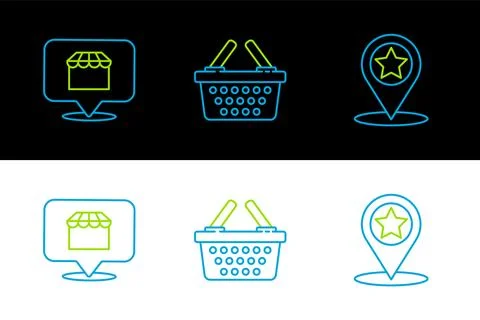 Set line Map pointer with star, Online shopping concept and Shopping basket.. Stock Illustration