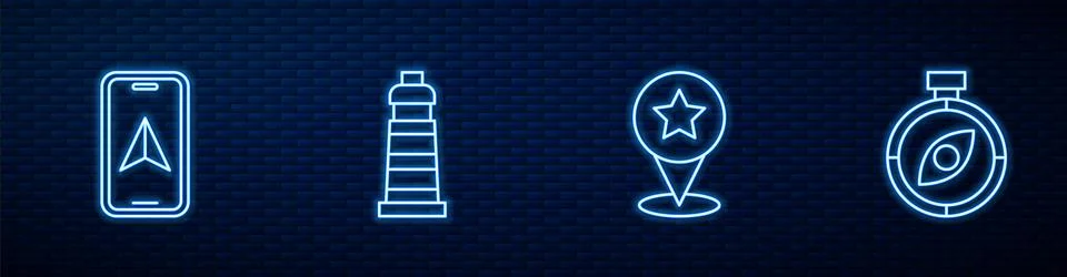 Set line Map pointer with star, City map navigation, Lighthouse and Compass.. Illustrazione stock