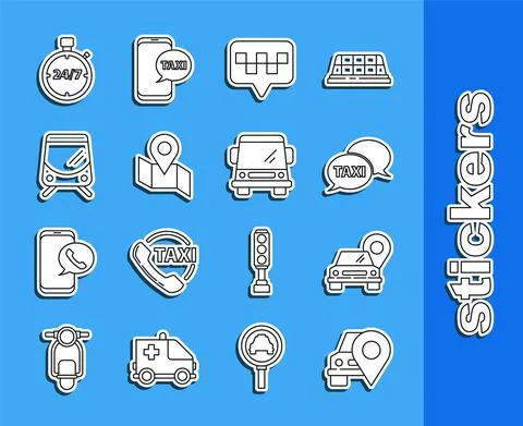 Set line Map pointer with taxi, Taxi call telephone service, Folded map location 스톡 일러스트