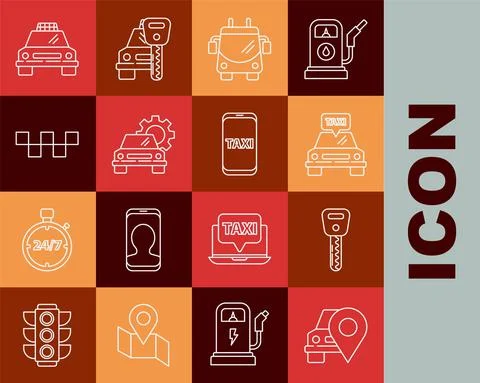 Set line Map pointer with taxi, Car key, Taxi car, Trolleybus, service, roof Stockillustratie