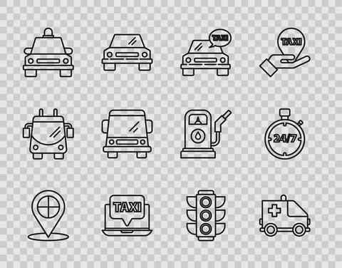 Set line Map pointer with taxi, Ambulance and emergency car, Taxi, Laptop call Stockillustratie
