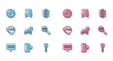 Set line Map pointer with taxi, Taxi call telephone service, Compass, Car key Stock Illustration