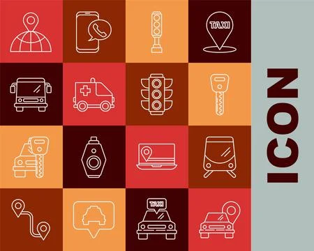 Set line Map pointer with taxi, Tram and railway, Car key, Traffic light Illustrazione stock