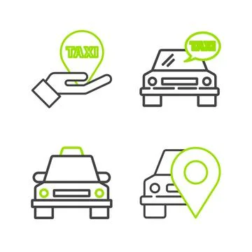 Set line Map pointer with taxi, Taxi car, and Hand on map icon. Vector Stock Illustration
