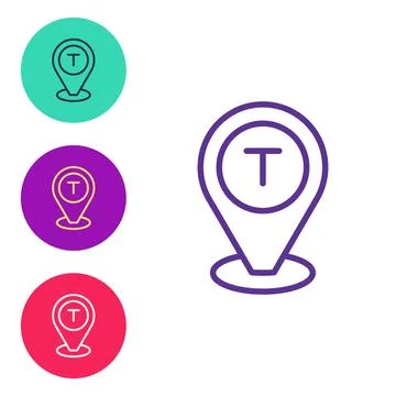 Set line Map pointer with taxi car icon isolated on white background. Locatio Stock Illustration