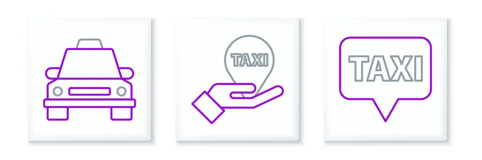 Set line Map pointer with taxi, Taxi car and Hand on map icon. Vector Stock Illustration