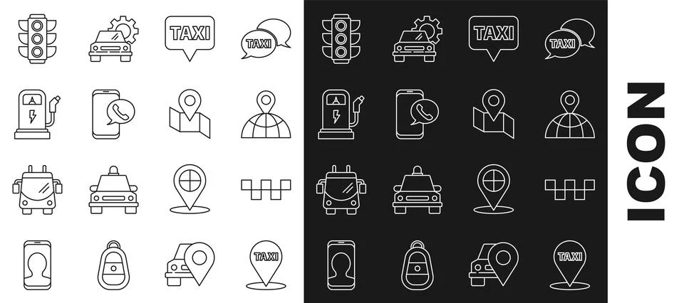 Set line Map pointer with taxi, Taxi car roof, Location on the globe, call 스톡 일러스트